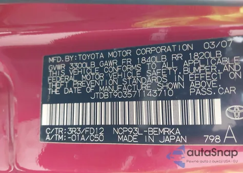 2007 Toyota Yaris z USA, uszkodzony, nr VIN JTDBT903571143710